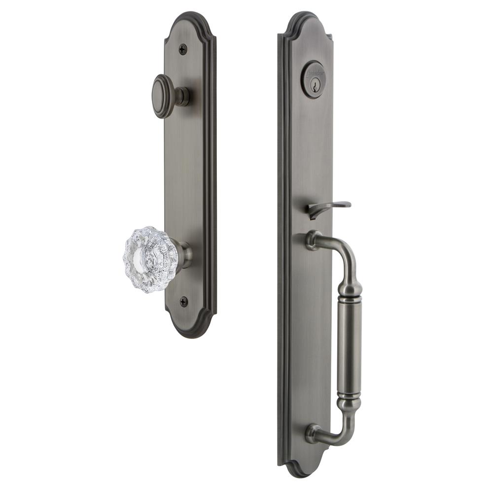 Grandeur by Nostalgic Warehouse ARCCGRVER Arc One-Piece Handleset with C Grip and Versailles Knob in Antique Pewter